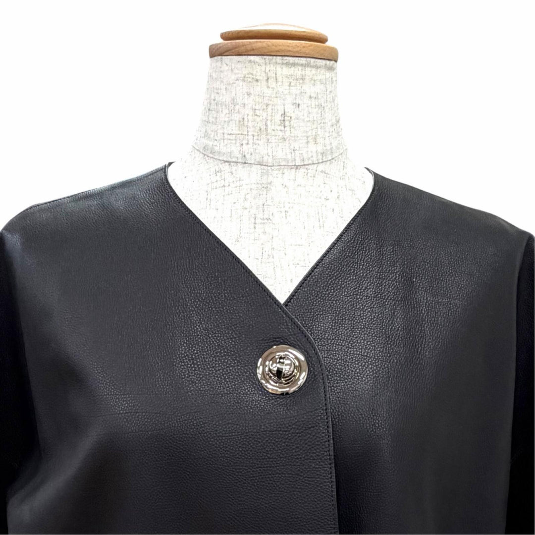 極美品△HERMES エルメス カーフスキン シルバー金具 ノーカラー 半袖 レザージャケット クロップド丈 ブラック FR 40 仏製 レディース