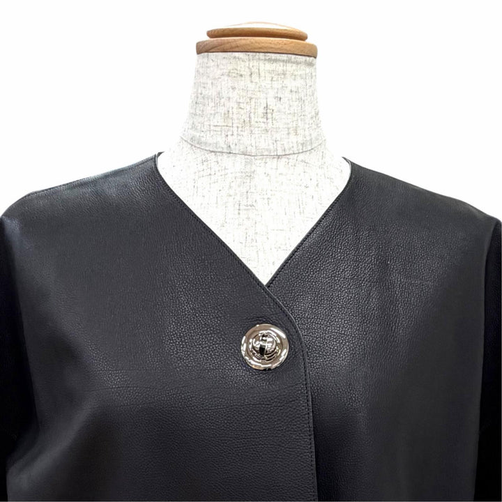 極美品△HERMES エルメス カーフスキン シルバー金具 ノーカラー 半袖 レザージャケット クロップド丈 ブラック FR 40 仏製 レディース
