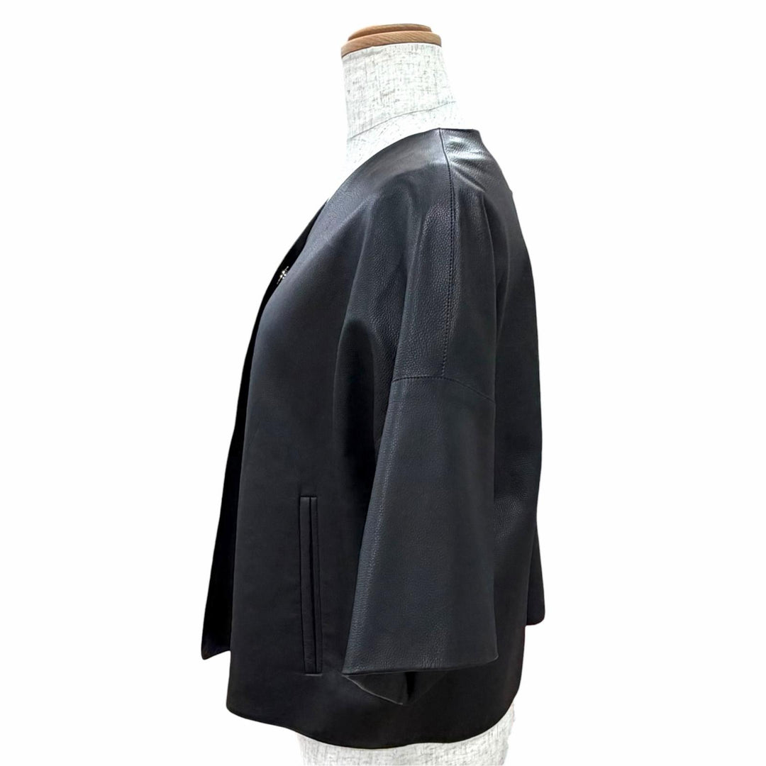 極美品△HERMES エルメス カーフスキン シルバー金具 ノーカラー 半袖 レザージャケット クロップド丈 ブラック FR 40 仏製 レディース