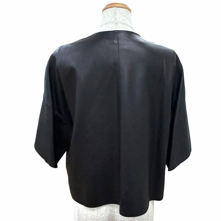 極美品△HERMES エルメス カーフスキン シルバー金具 ノーカラー 半袖 レザージャケット クロップド丈 ブラック FR 40 仏製 レディース