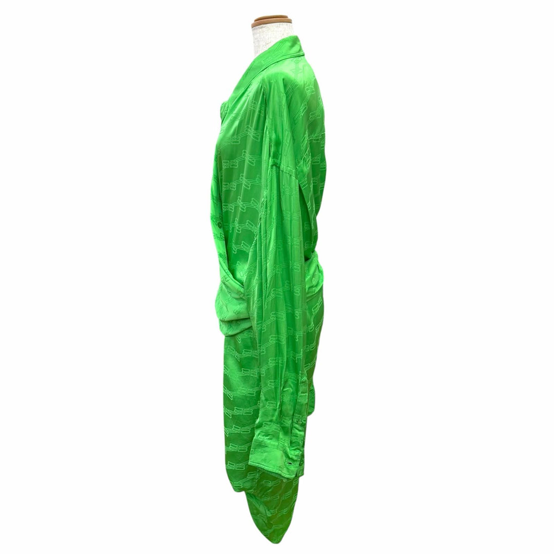 未使用品△BALENCIAGA バレンシアガ 2022年 704446 BBモノグラム カシュクール風 長袖 シャツ ワンピース グリーン 34 イタリア製 正規品