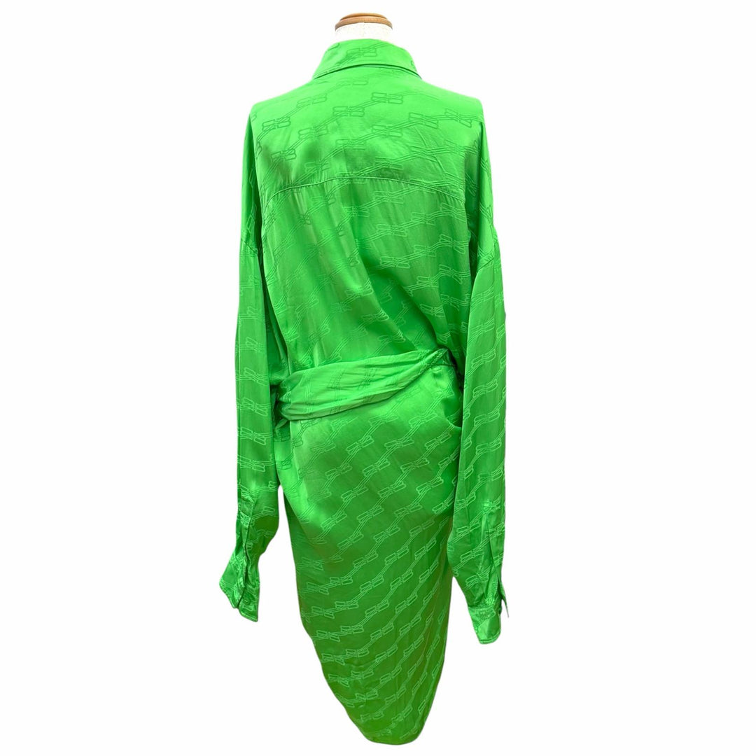 未使用品△BALENCIAGA バレンシアガ 2022年 704446 BBモノグラム カシュクール風 長袖 シャツ ワンピース グリーン 34 イタリア製 正規品