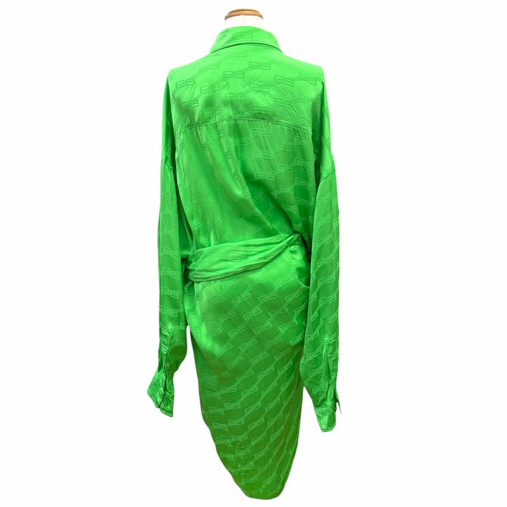 未使用品△BALENCIAGA バレンシアガ 2022年 704446 BBモノグラム カシュクール風 長袖 シャツ ワンピース グリーン 34 イタリア製 正規品