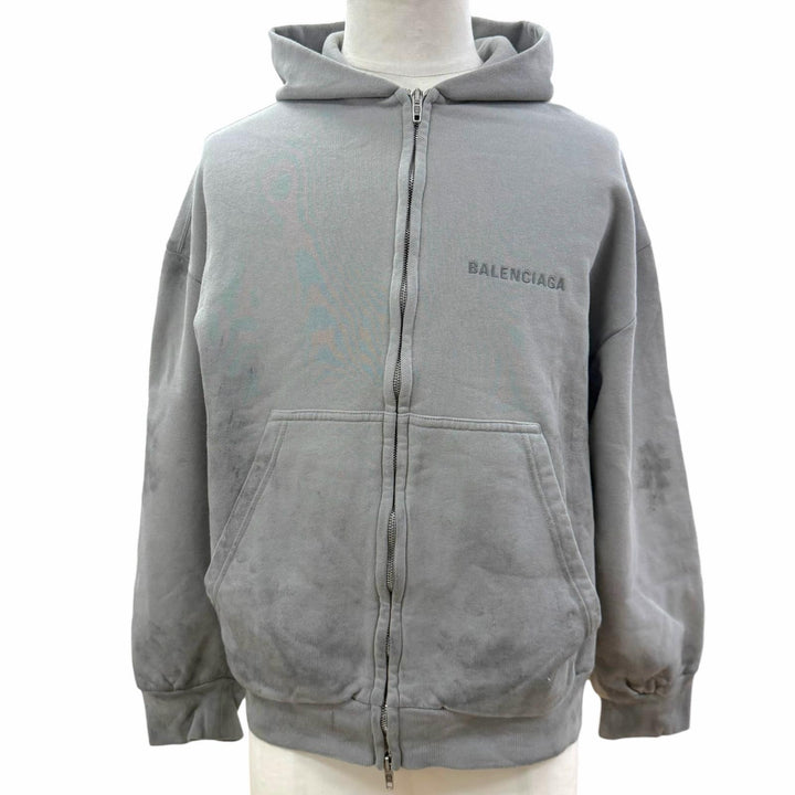 極美品▼BALENCIAGA バレンシアガ 26SS 803264 ペイント加工 ロゴ刺繍 フーディ レギュラーフィット ZIPUP パーカー グレー XS 正規品