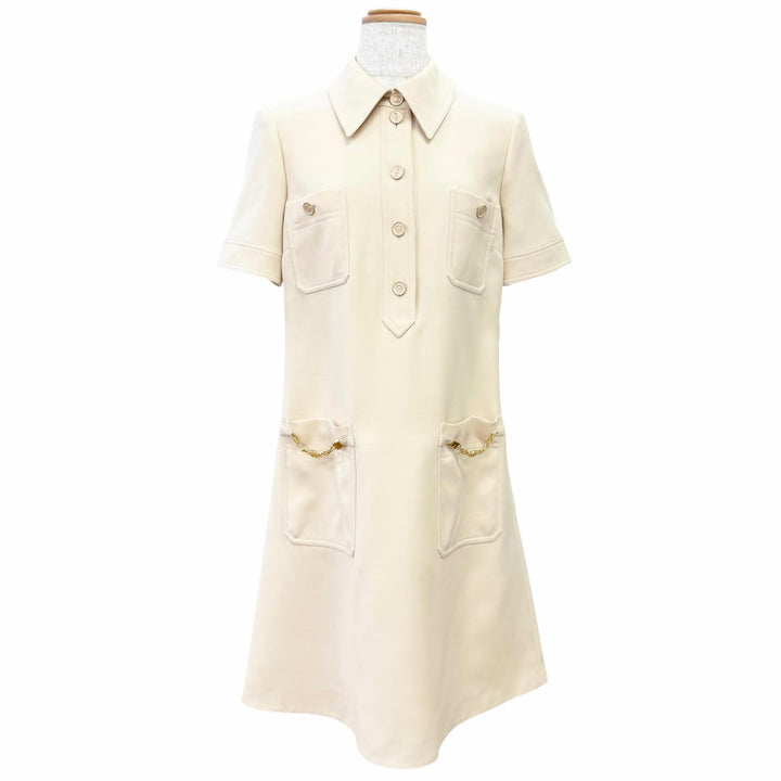 美品△GUCCI グッチ 661672 シルク ウール GGロゴボタン GGロゴチェーン 半袖ワンピース ベージュ ゴールド金具 IT 36 イタリア製 正規品