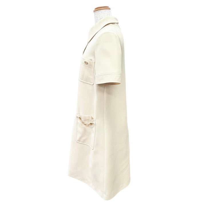 美品△GUCCI グッチ 661672 シルク ウール GGロゴボタン GGロゴチェーン 半袖ワンピース ベージュ ゴールド金具 IT 36 イタリア製 正規品