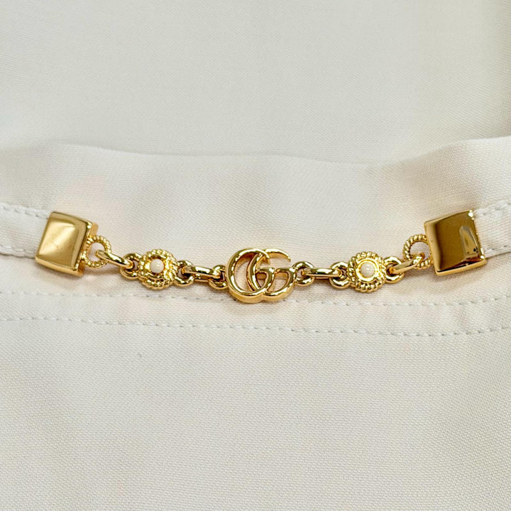 美品△GUCCI グッチ 661672 シルク ウール GGロゴボタン GGロゴチェーン 半袖ワンピース ベージュ ゴールド金具 IT 36 イタリア製 正規品