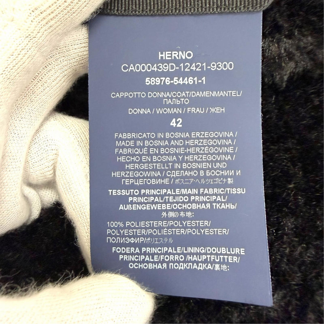 極美△Herno ヘルノ CA000439D カーリーコート 裏地総柄 テーラードカラー セミロング エコファー コート ブラック 42 正規品 レディース