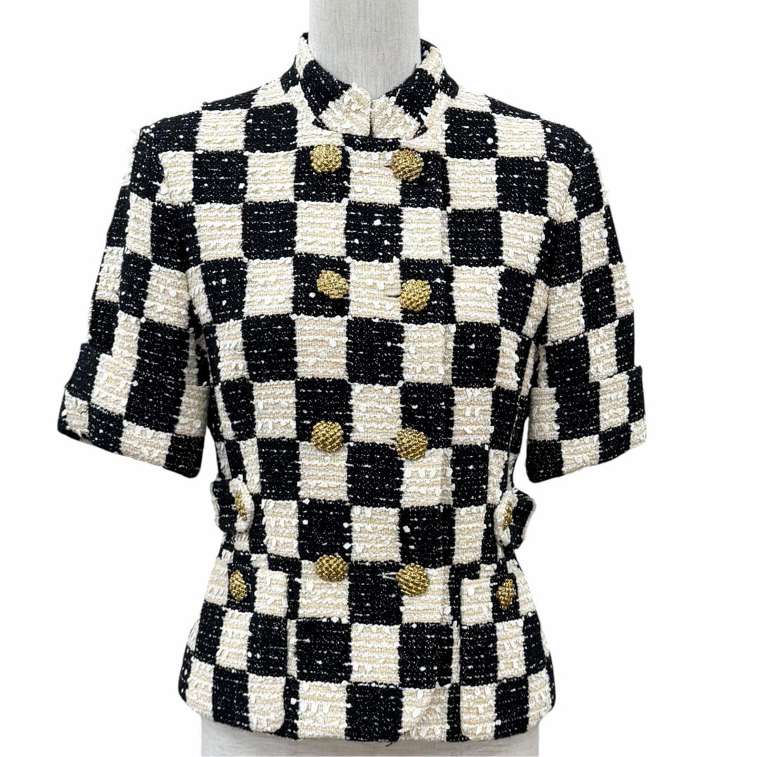 未使用品★GUCCI グッチ 652261 ブロックチェック リボンツイード ショートスリーブ ジャケット ブラック アイボリー IT 40 正規品