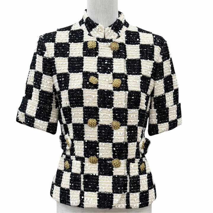 未使用品★GUCCI グッチ 652261 ブロックチェック リボンツイード ショートスリーブ ジャケット ブラック アイボリー IT 40 正規品