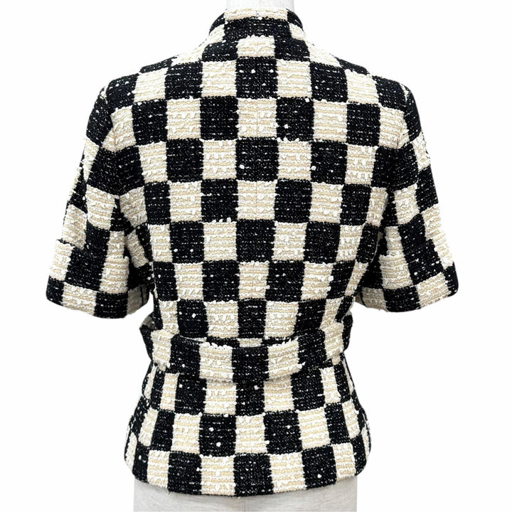 未使用品★GUCCI グッチ 652261 ブロックチェック リボンツイード ショートスリーブ ジャケット ブラック アイボリー IT 40 正規品