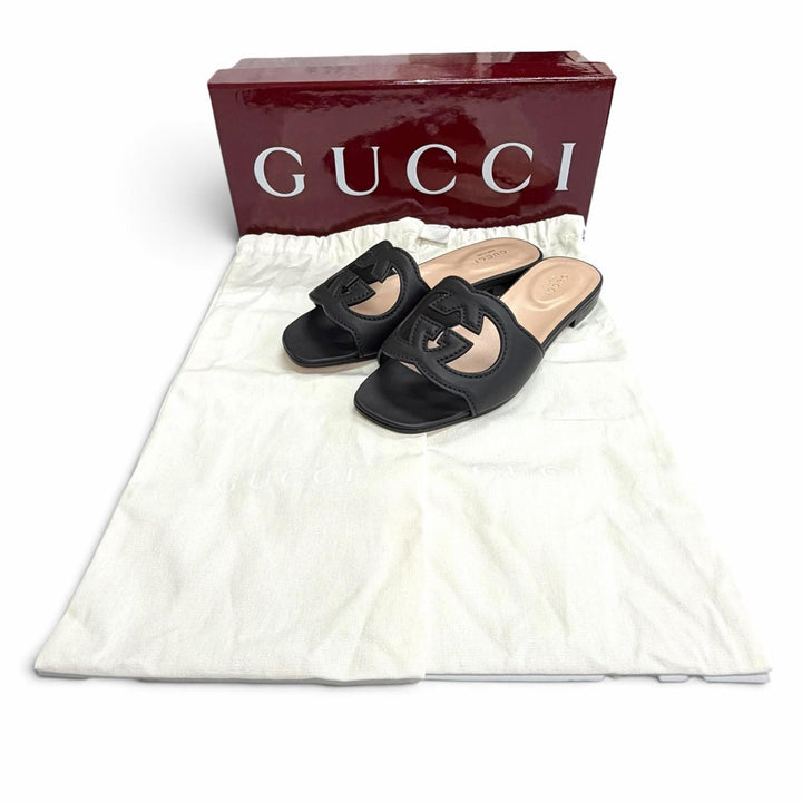 未使用品△GUCCI グッチ 694451 レザー インターロッキングG カットアウト スライドサンダル ブラック IT 36 イタリア製 箱・保存袋付き