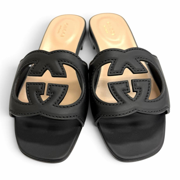 未使用品△GUCCI グッチ 694451 レザー インターロッキングG カットアウト スライドサンダル ブラック IT 36 イタリア製 箱・保存袋付き