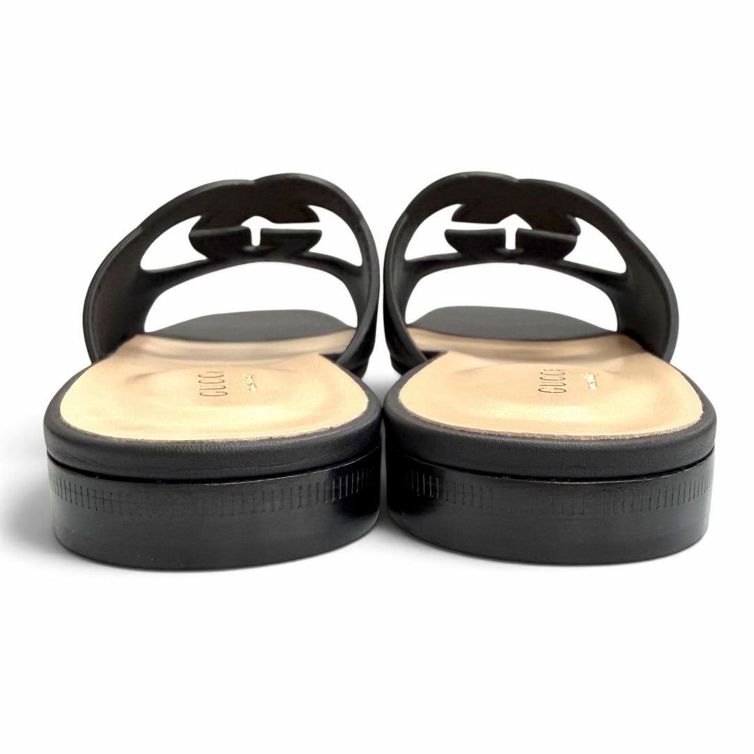 未使用品△GUCCI グッチ 694451 レザー インターロッキングG カットアウト スライドサンダル ブラック IT 36 イタリア製 箱・保存袋付き