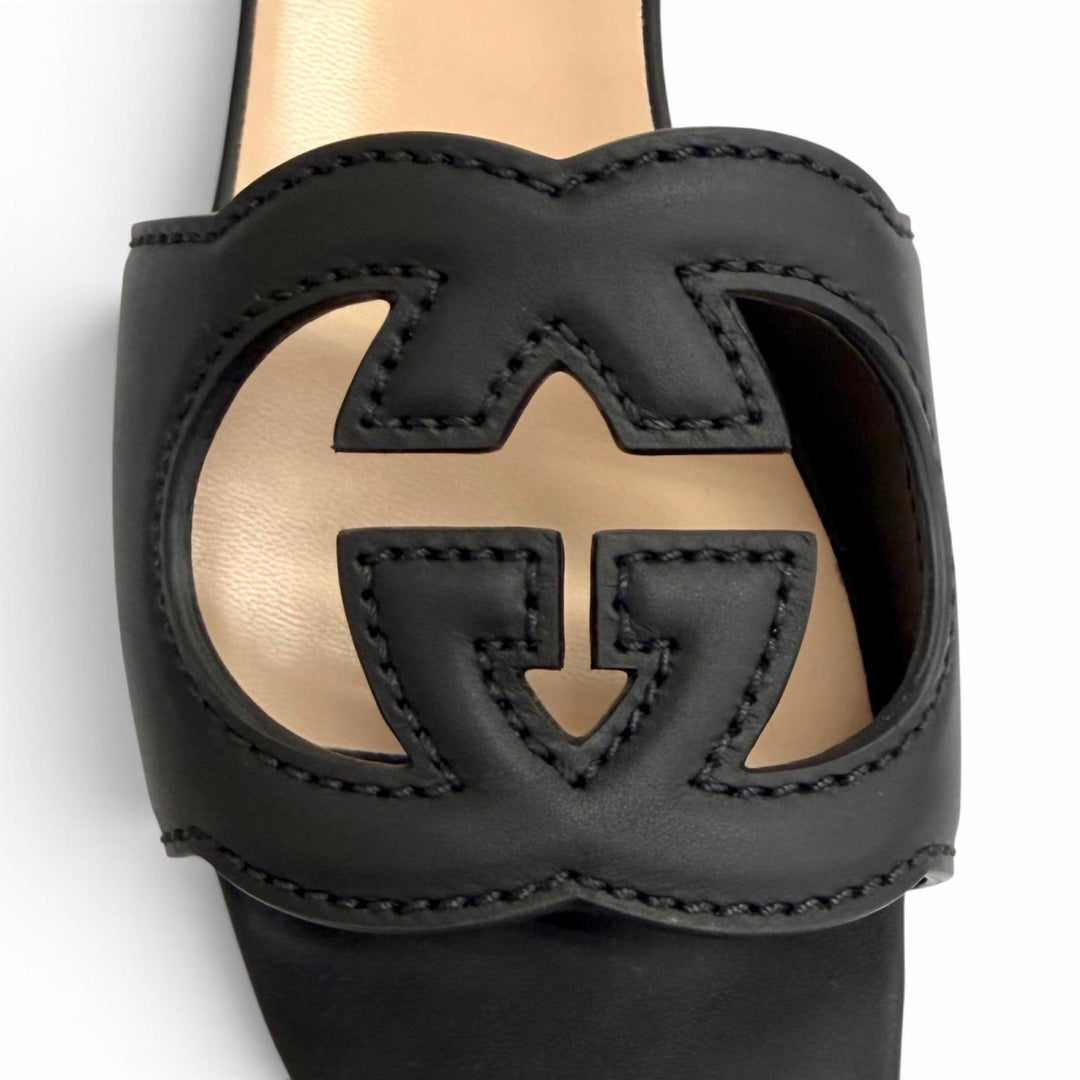 未使用品△GUCCI グッチ 694451 レザー インターロッキングG カットアウト スライドサンダル ブラック IT 36 イタリア製 箱・保存袋付き