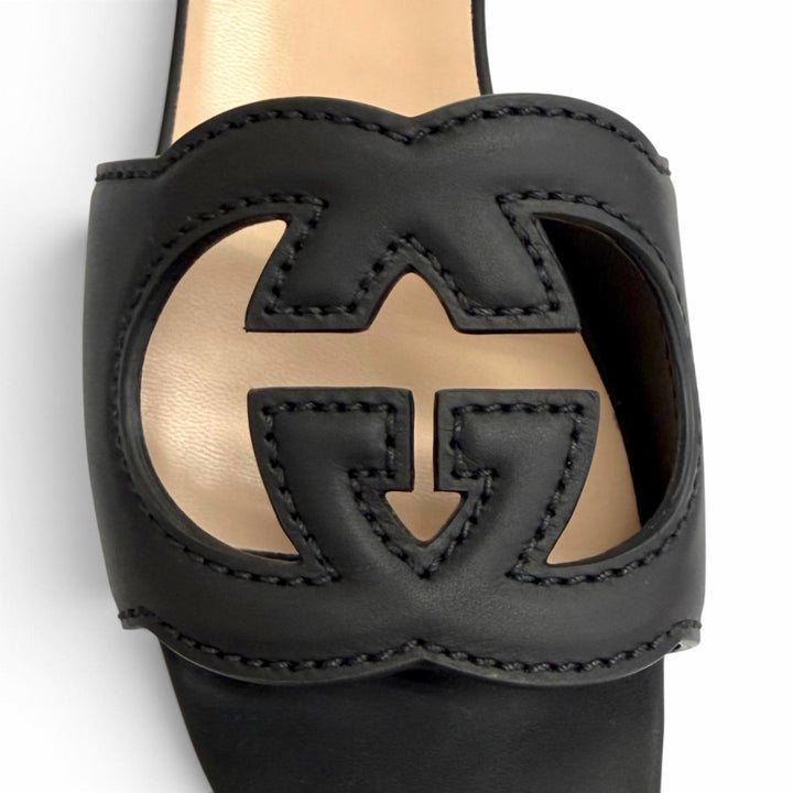 未使用品△GUCCI グッチ 694451 レザー インターロッキングG カットアウト スライドサンダル ブラック IT 36 イタリア製 箱・保存袋付き