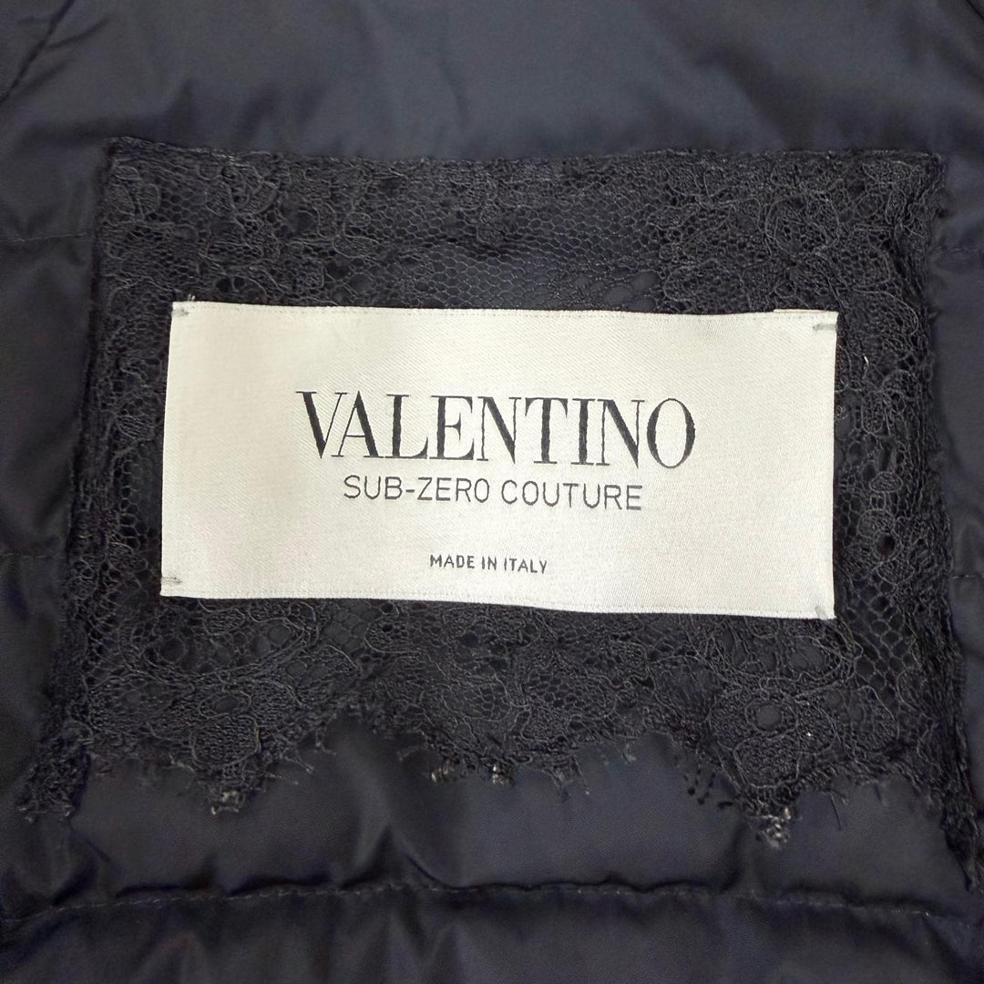 極美品☆VALENTINO ヴァレンティノ コットン レース スタンドカラー Aライン ダウンコート ネイビー IT 38 イタリア製 正規品 レディース