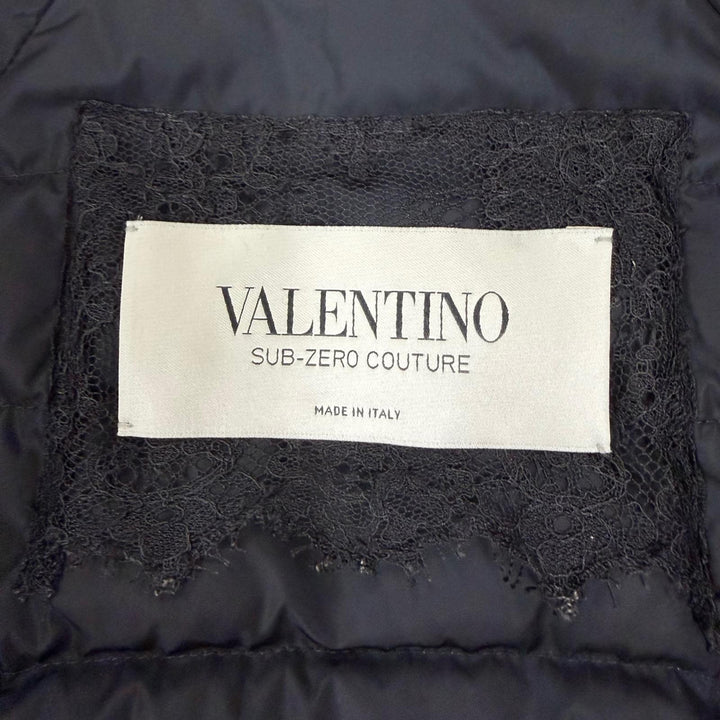 極美品☆VALENTINO ヴァレンティノ コットン レース スタンドカラー Aライン ダウンコート ネイビー IT 38 イタリア製 正規品 レディース