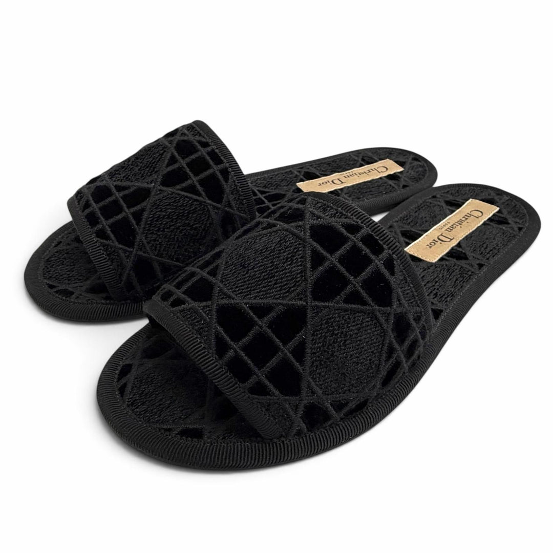 極美品△Christian Dior クリスチャンディオール DIOR CHEZ MOI ベルベット使い カナージュステッチデザイン ルームシューズ ブラック 35