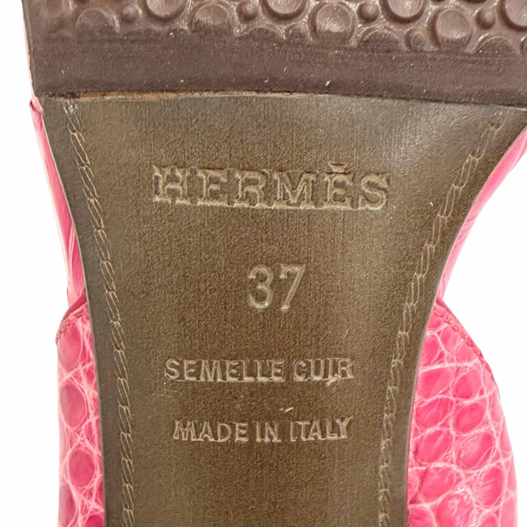 美品△HERMES エルメス ナイト アリゲーター Hロゴ アンクルストラップ オープントゥ ヒール サンダル ピンク 37 イタリア製 保存袋付き