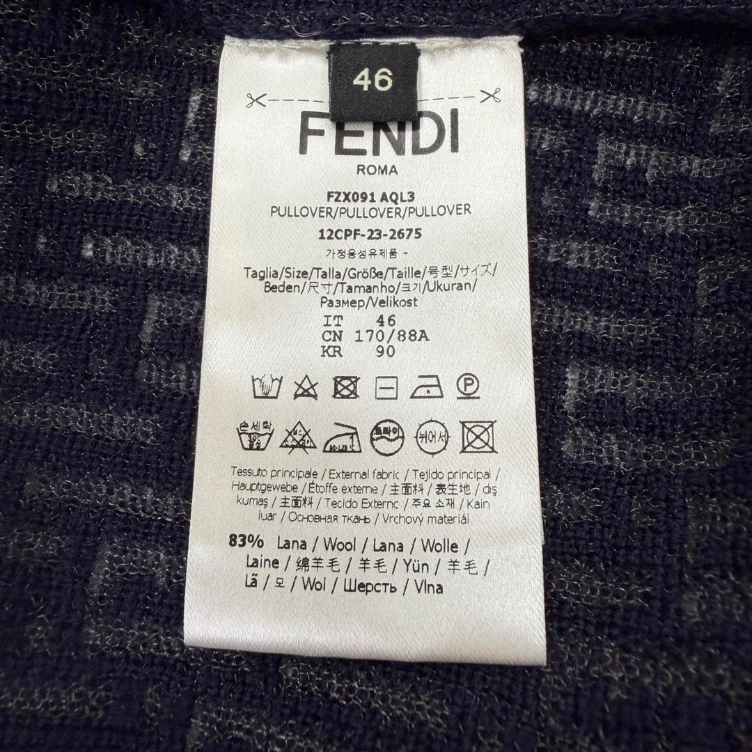 極美品▼FENDI フェンディ 2023年製 FZX091 ウール83% FFロゴ クルーネック ニットセーター ネイビー IT 46 イタリア製 正規品 メンズ