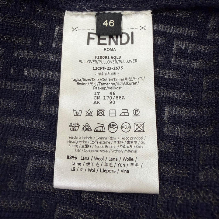 極美品▼FENDI フェンディ 2023年製 FZX091 ウール83% FFロゴ クルーネック ニットセーター ネイビー IT 46 イタリア製 正規品 メンズ