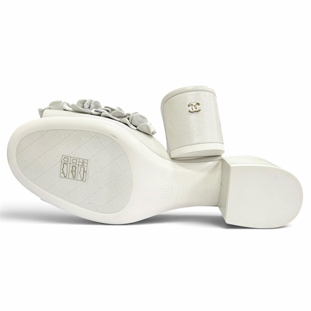 未使用品△CHANEL シャネル G46359 レザー ココマーク ビーズ付 フラワーモチーフ ミュール サンダル ライトグレー系 ゴールド金具 37.5