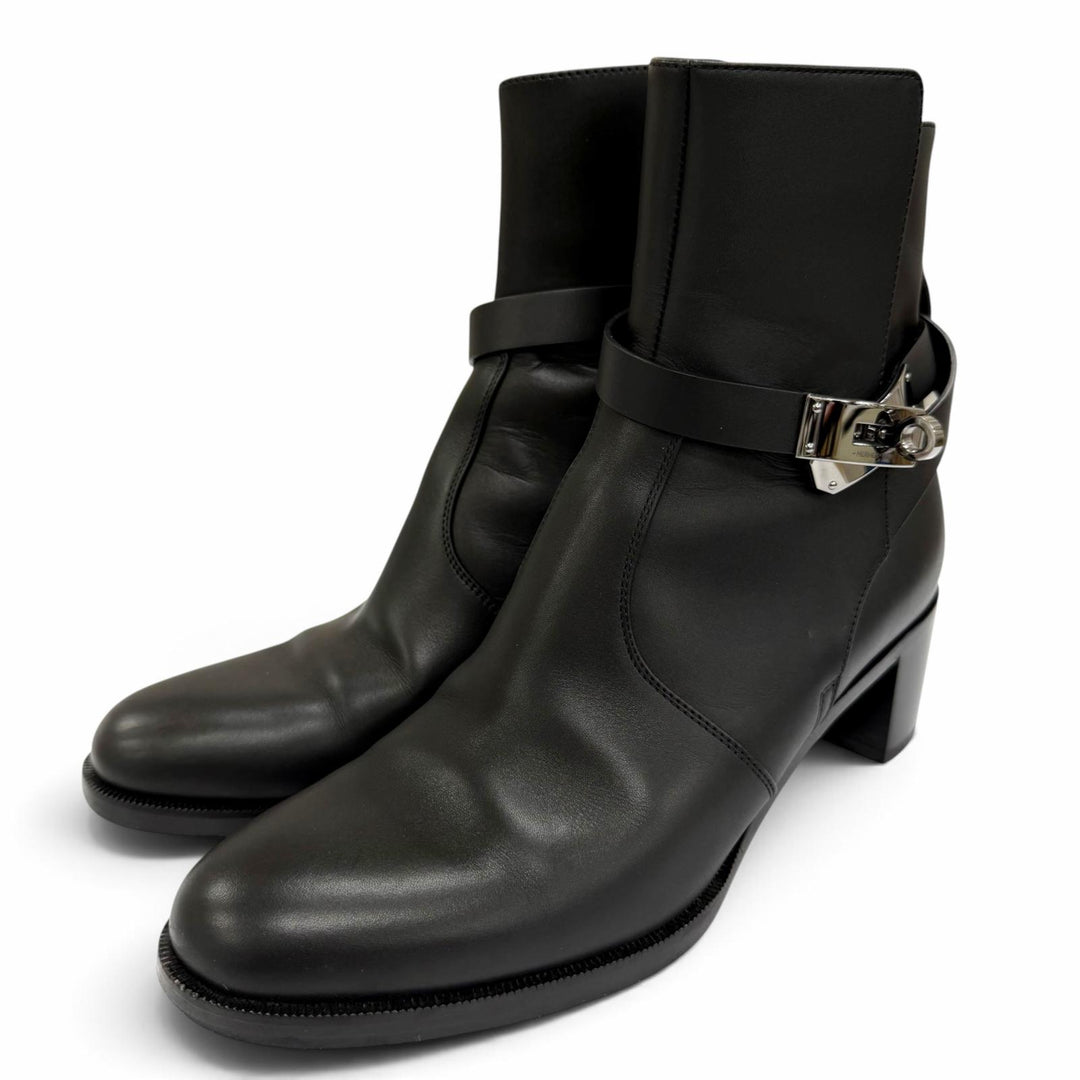 美品☆HERMES エルメス H222091Z フレンチ50 シルバー金具 ケリーバックル レザー ショートブーツ ブラック 37.5 イタリア製 レディース