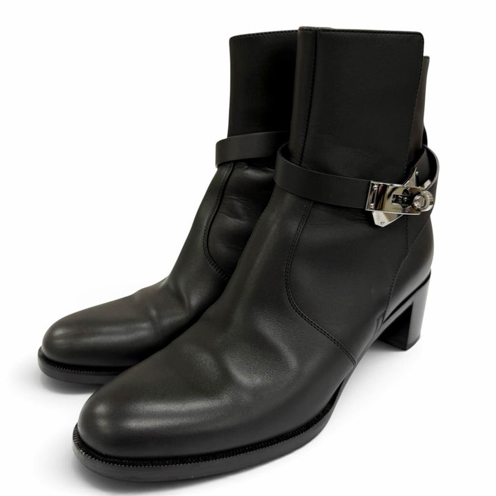 美品☆HERMES エルメス H222091Z フレンチ50 シルバー金具 ケリーバックル レザー ショートブーツ ブラック 37.5 イタリア製 レディース