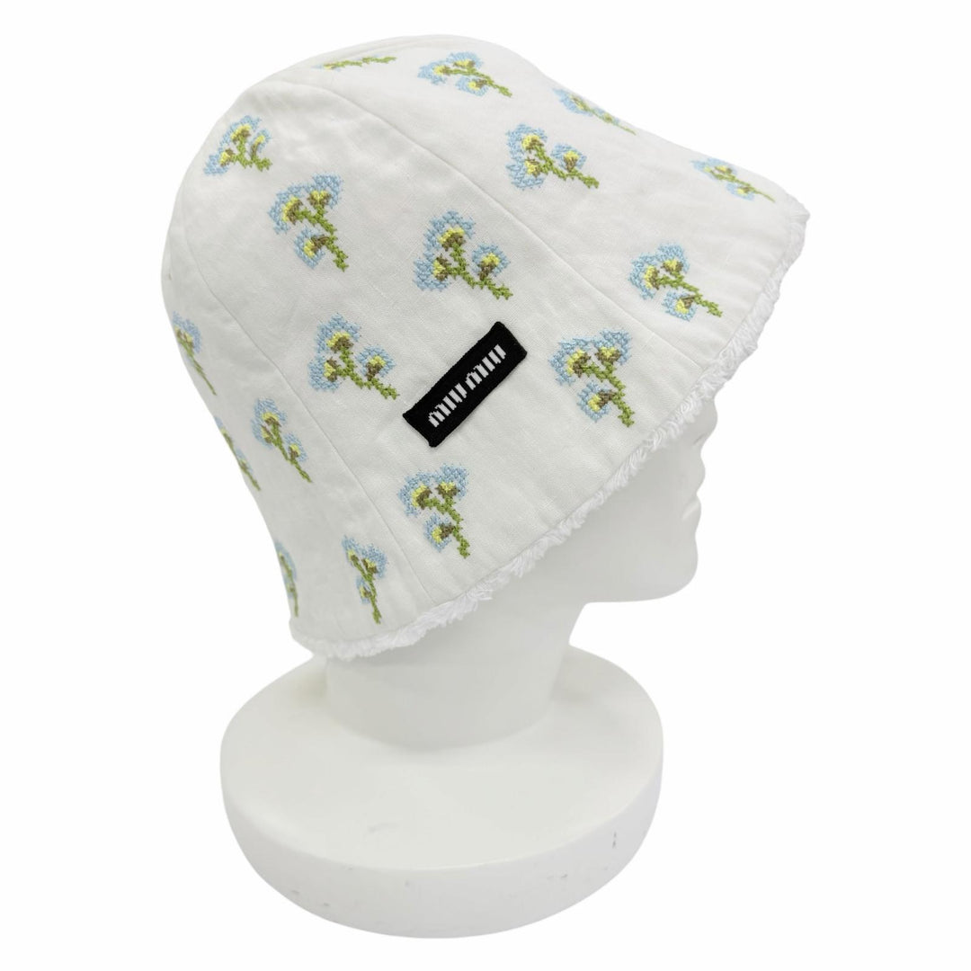 極美品☆MIUMIU ミュウミュウ 26SS 5HC502 2IHW リネン100％ 花柄デザイン刺繍入り ビーニー キャップ ホワイト S イタリア製 正規品