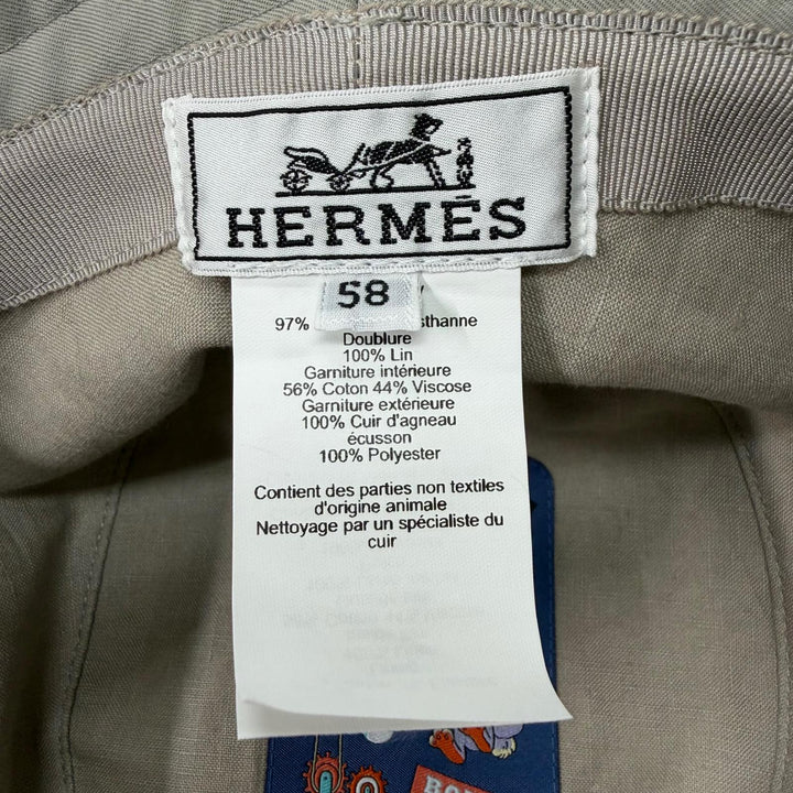 美品▼HERMES エルメス フレッドHサークル コットン97% レザー使い 帽子 バケットハット ライトカーキ IT 58 イタリア製 正規品 メンズ