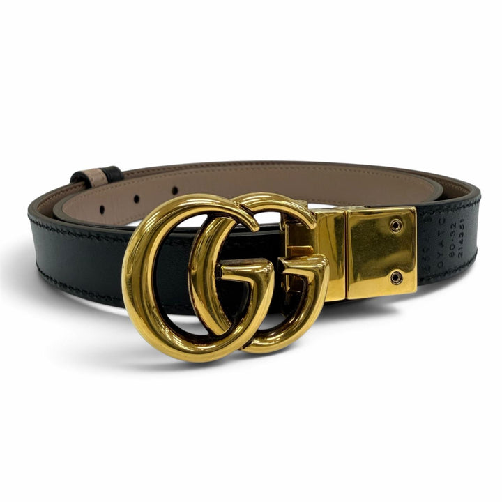 極美品☆GUCCI グッチ 659418 GGエンブレム リバーシブル スリム レザー ベルト ブラック ピンクベージュ ゴールド金具 80・32 伊製