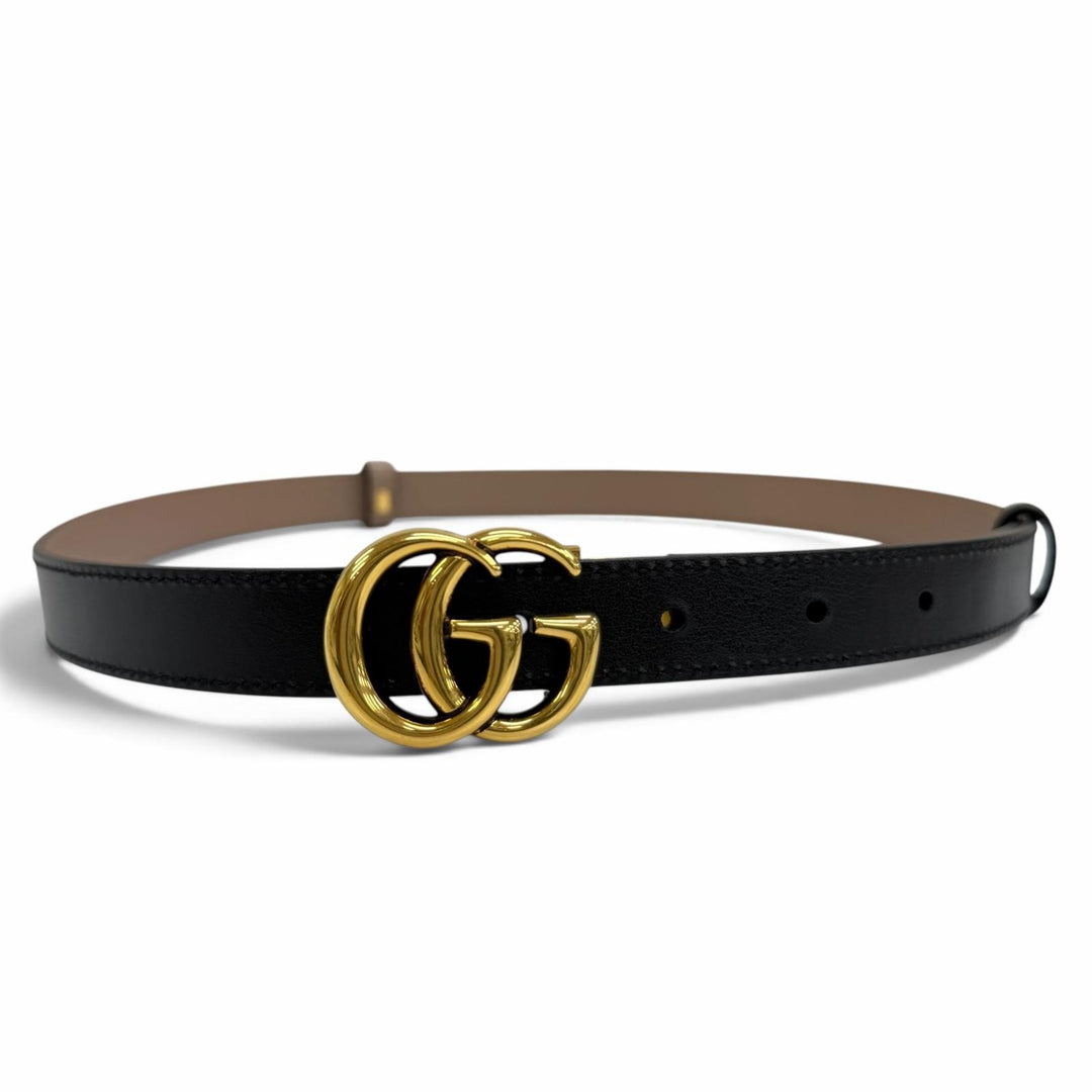 極美品☆GUCCI グッチ 659418 GGエンブレム リバーシブル スリム レザー ベルト ブラック ピンクベージュ ゴールド金具 80・32 伊製