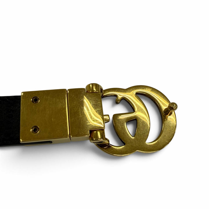 極美品☆GUCCI グッチ 659418 GGエンブレム リバーシブル スリム レザー ベルト ブラック ピンクベージュ ゴールド金具 80・32 伊製