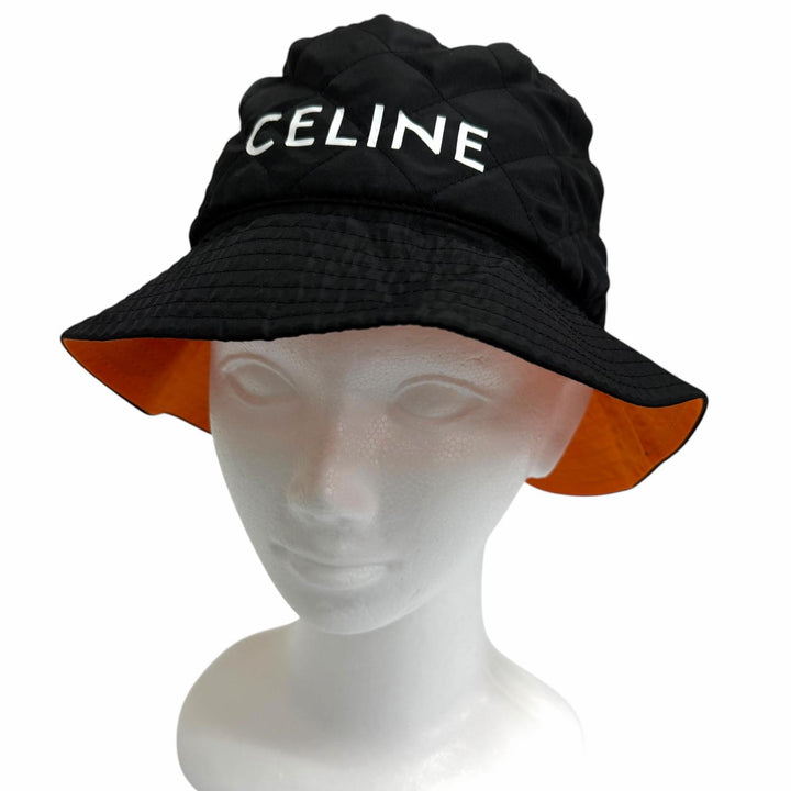 極美品□CELINE セリーヌ 2AUB0930C ロゴプリント キルティング バケットハット 帽子 ブラック オレンジ M フランス製 正規品 メンズ