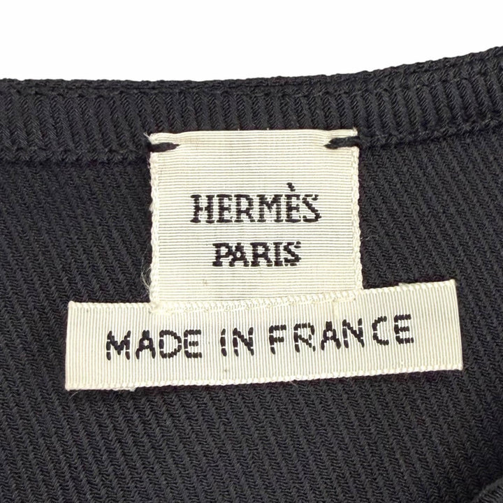 未使用品△HERMES エルメス シルク混 Hリフト金具 クルーネック キャップスリーブトップス ブラック FR 40 フランス製 正規品 レディース