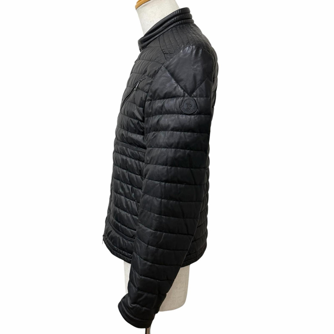 美品□MONCLER モンクレール CASTEU GIUBBOTTO ラムレザー スタンドカラー ダウンジャケット ブラック 3 ルーマニア製 正規品 メンズ