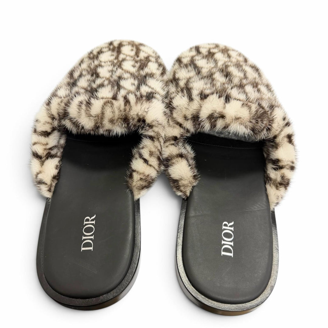 未使用品□DIOR ディオール オム ミンクファー オブリーク スライドサンダル フラットシューズ アイボリー ブラウン 41 イタリア製