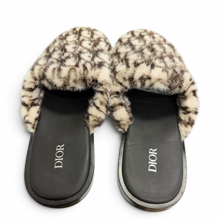未使用品□DIOR ディオール オム ミンクファー オブリーク スライドサンダル フラットシューズ アイボリー ブラウン 41 イタリア製