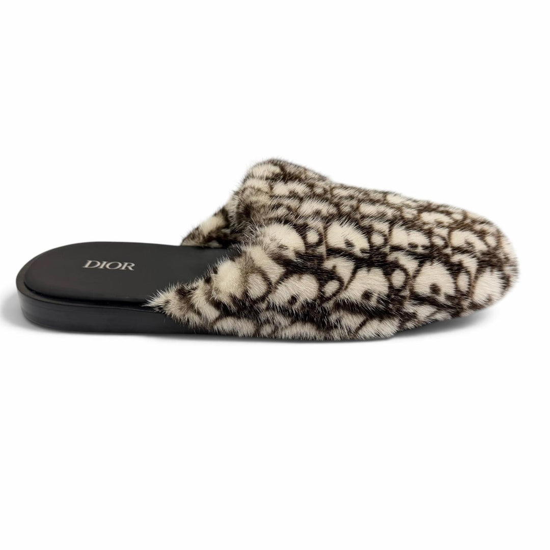 未使用品□DIOR ディオール オム ミンクファー オブリーク スライドサンダル フラットシューズ アイボリー ブラウン 41 イタリア製