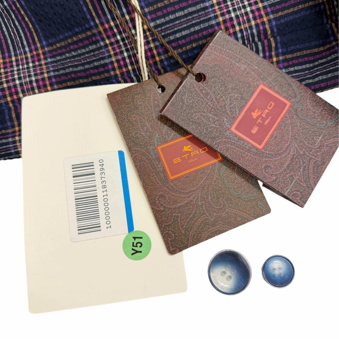 未使用品□ETRO エトロ シアサッカー地 チェック柄 裏地ペイズリー シングル テーラードジャケット ネイビー IT 48 イタリア製 正規品