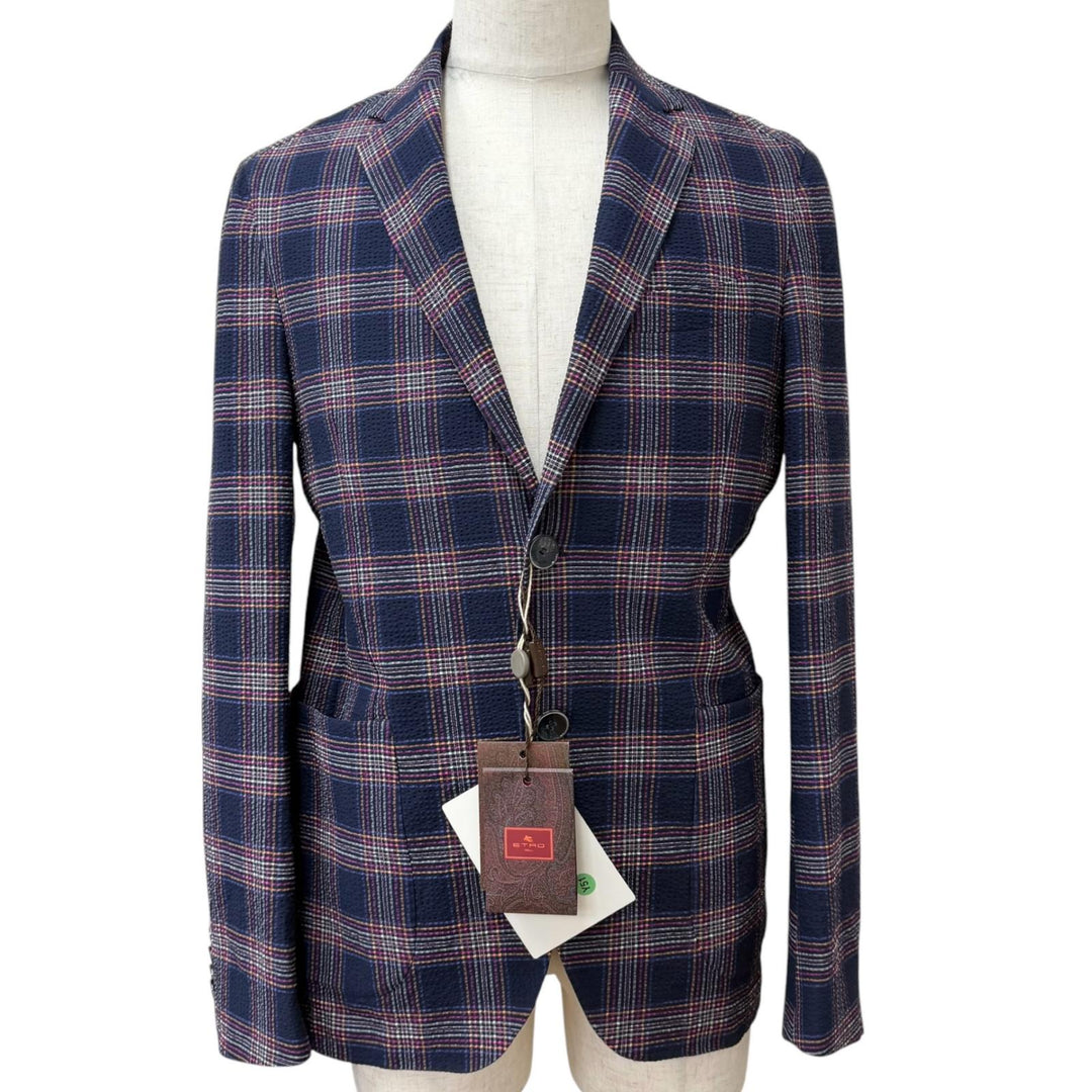 未使用品□ETRO エトロ シアサッカー地 チェック柄 裏地ペイズリー シングル テーラードジャケット ネイビー IT 48 イタリア製 正規品