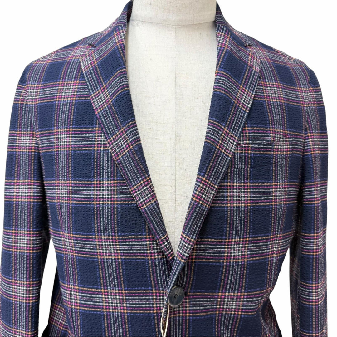 未使用品□ETRO エトロ シアサッカー地 チェック柄 裏地ペイズリー シングル テーラードジャケット ネイビー IT 48 イタリア製 正規品