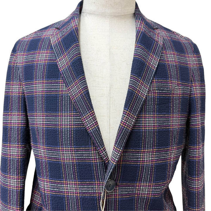 未使用品□ETRO エトロ シアサッカー地 チェック柄 裏地ペイズリー シングル テーラードジャケット ネイビー IT 48 イタリア製 正規品