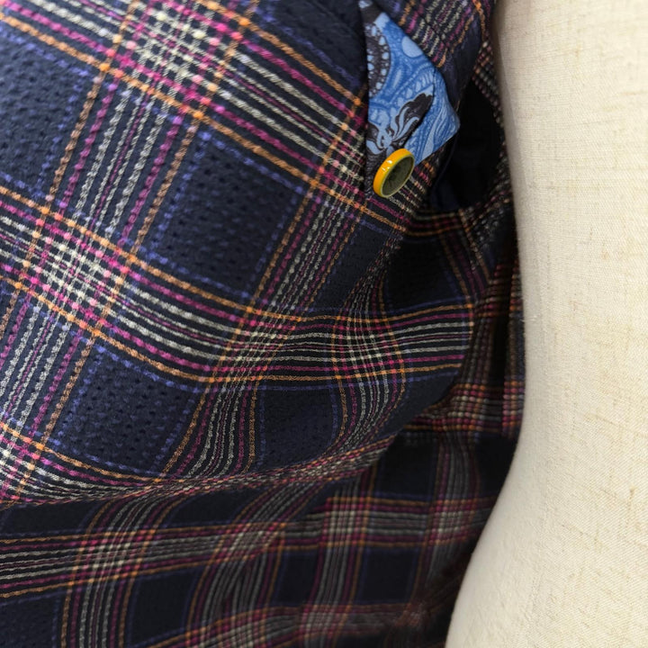 未使用品□ETRO エトロ シアサッカー地 チェック柄 裏地ペイズリー シングル テーラードジャケット ネイビー IT 48 イタリア製 正規品