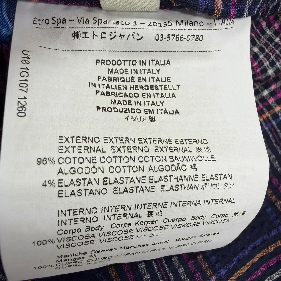 未使用品□ETRO エトロ シアサッカー地 チェック柄 裏地ペイズリー シングル テーラードジャケット ネイビー IT 48 イタリア製 正規品