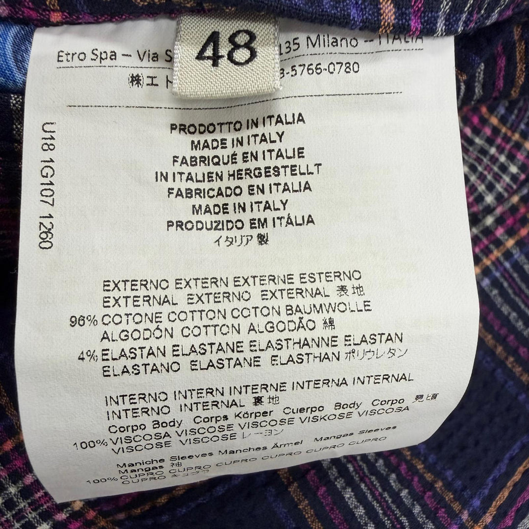 未使用品□ETRO エトロ シアサッカー地 チェック柄 裏地ペイズリー シングル テーラードジャケット ネイビー IT 48 イタリア製 正規品