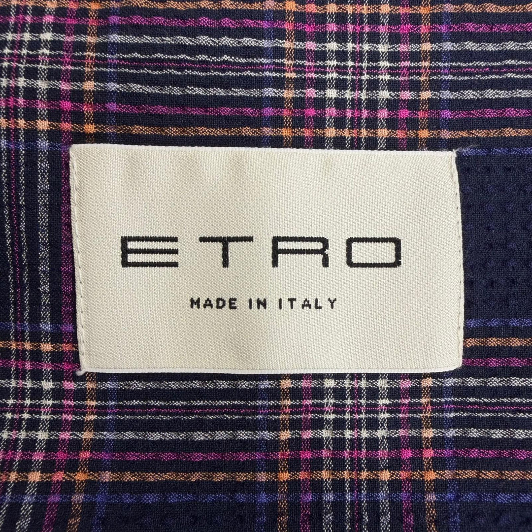 未使用品□ETRO エトロ シアサッカー地 チェック柄 裏地ペイズリー シングル テーラードジャケット ネイビー IT 48 イタリア製 正規品