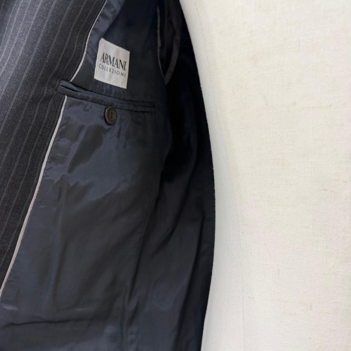 未使用品▼ARMANI COLLEZIONI アルマーニコレッツォーニ ウール ストライプ シングルスーツ セットアップ ダークグレー 46 正規品 メンズ