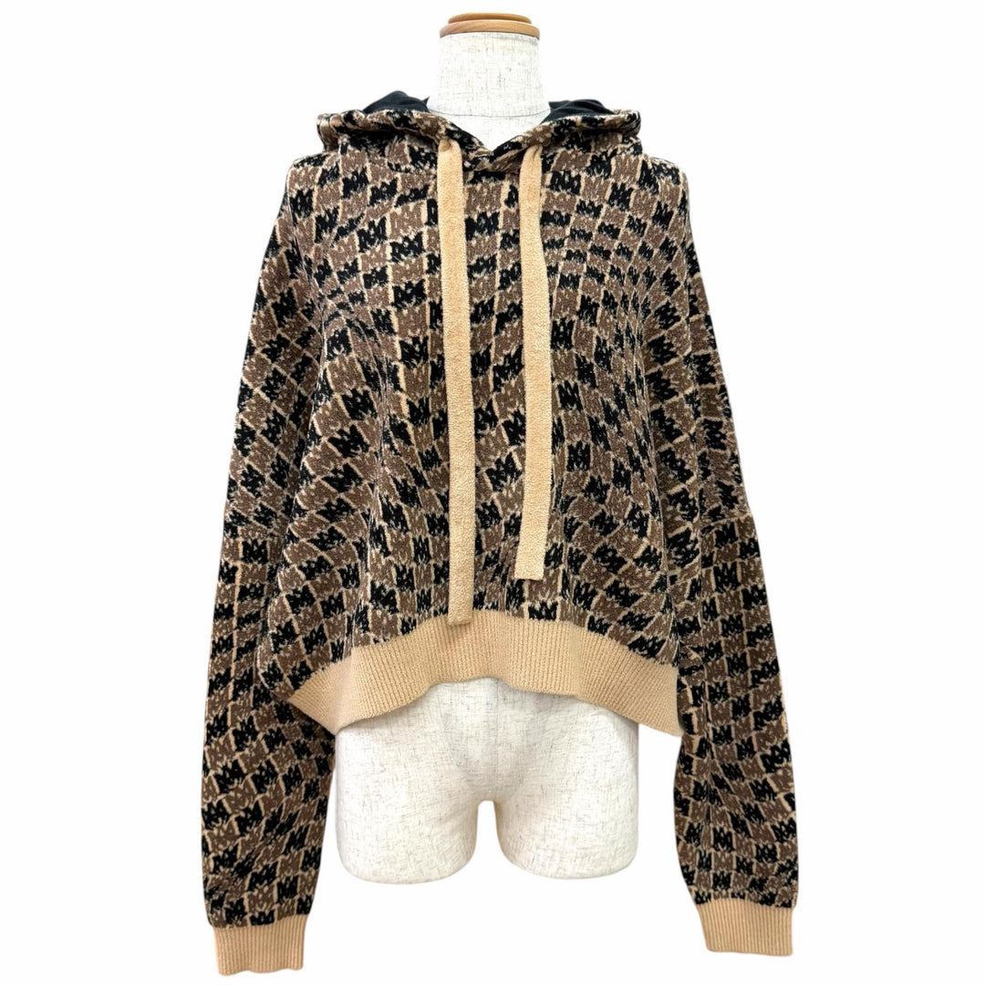 極美品△AMIRI アミリ AMロゴ モノグラム 総柄 クロップド フーディ ニット パーカー ブラウン系 IT 38 イタリア製 レディース